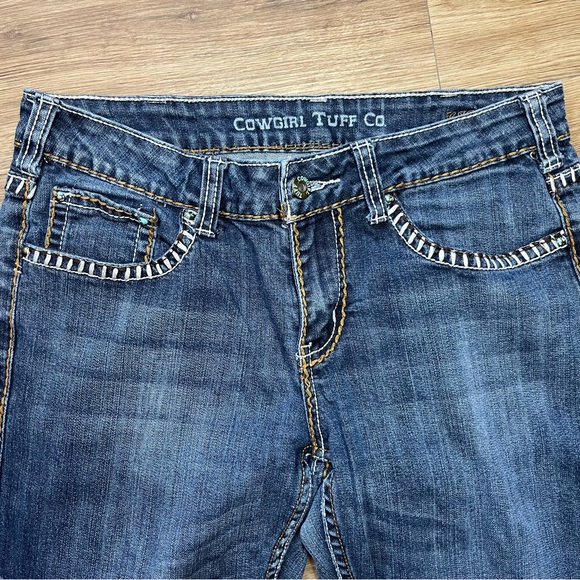 Cowgirl Tuff Co. Womens Heavy Stitch Bootcut Blue Jeans Sz 29 Turquoise Leather - Picture 2 of 12
